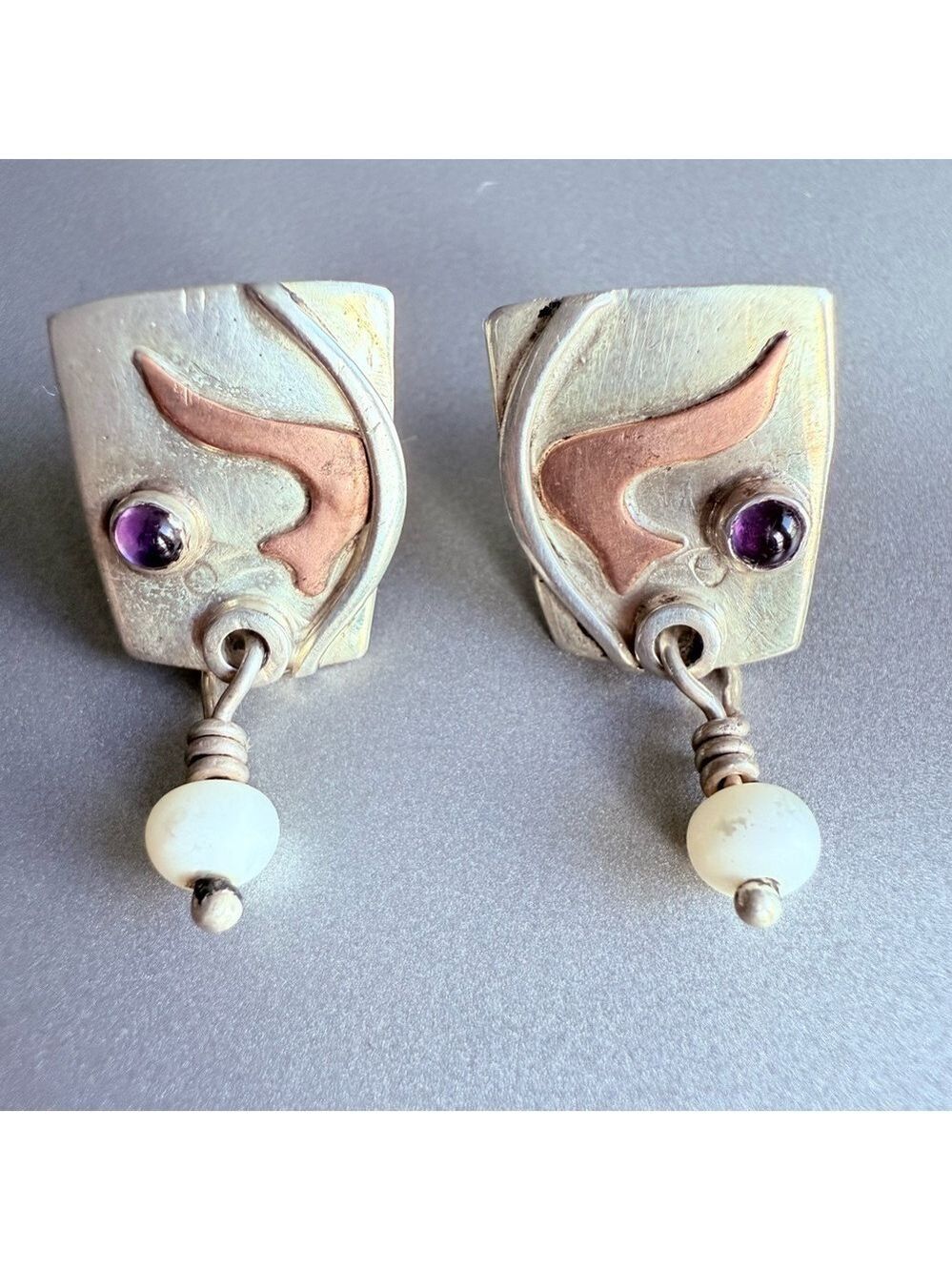 Vintage J Barnes Sterling Silver Amethyst, Dangle Pearls Earrings Modern…